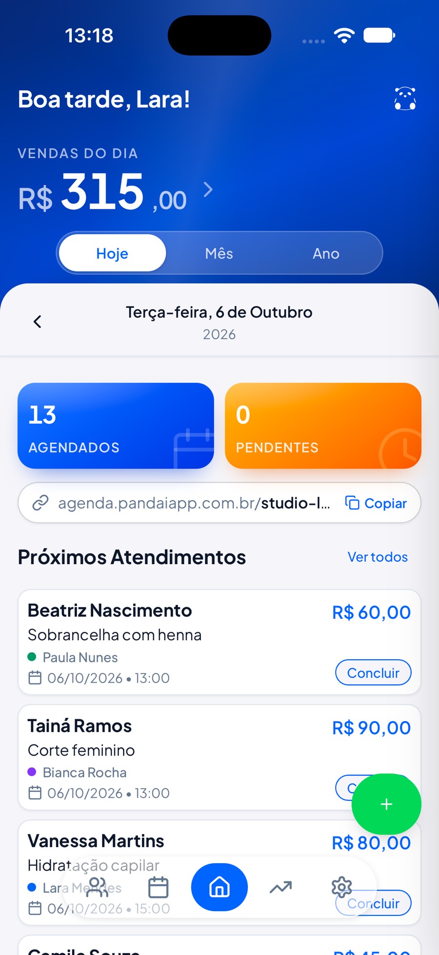 Tela inicial da PandAI com próximos atendimentos e o link de agendamento.